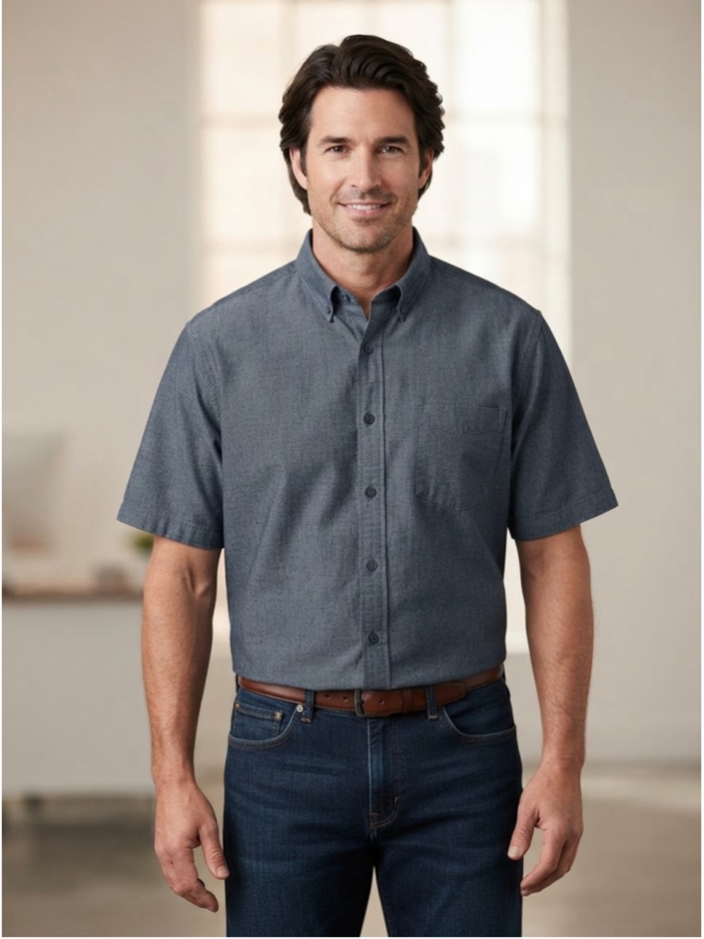 George classic fit short sleeve casual button down blue denim color size mens XL